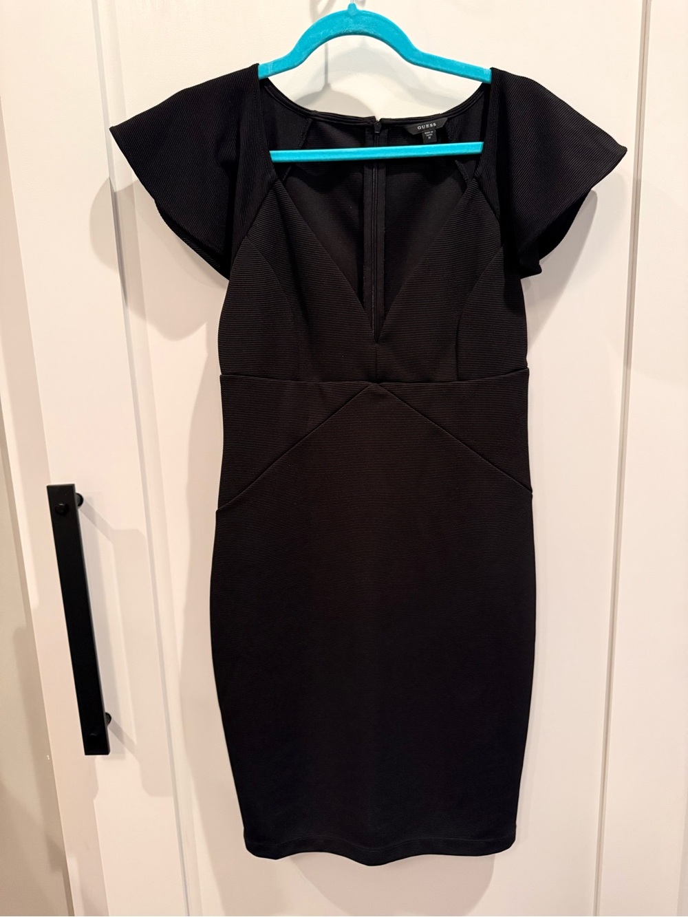 GUESS Black Bodycon Midi Dress Size Medium Plunge Neck Flutter Sleeve